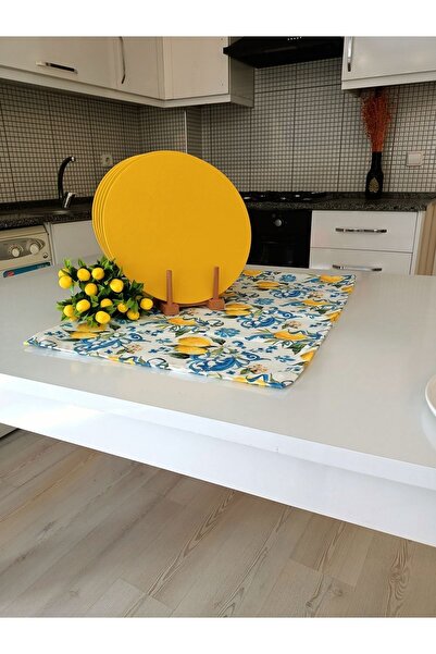 AsliHome Amerikan Servis Runner Mavi Ve Limon 1 Adet Runner 6 Adet Sarı Supla