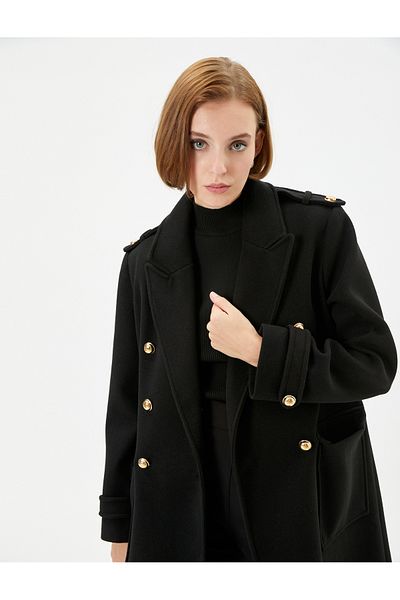 Koton Geprägter Mantel, zweireihig, geknöpfte Taschen, Epaulettendetails