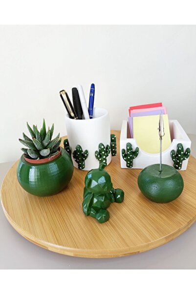 Genel Markalar Masaüstü 3d Kaktüs Desenli Beton Ofis Seti; Kalemlik, Bloknotluk, Notluk, Saksı, Sukulent Ve Ayıcık