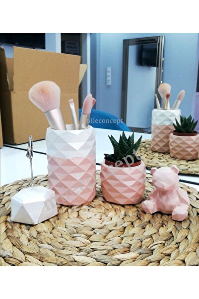 MİLE CONCEPT Dekoratif Beton Ofis Masaüstü Seti; Kalemlik, Notluk, Ayıcık, Sa...