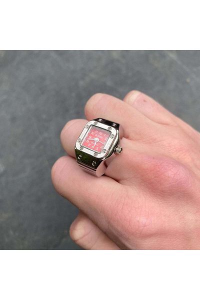 Bozhi Silver Mini Watch Ring, Ring Watch, Finger Watch Ring, Square Red Ring Watch