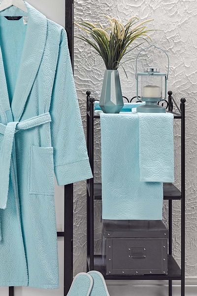 VEVİEN HOME Set halat de baie din catifea Jacquard 4 piese Albastru deschis