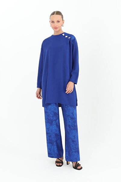 LOREEN FASHİON Saks Blue Tunic and Trousers Set for Women - Shoulder Button Detail