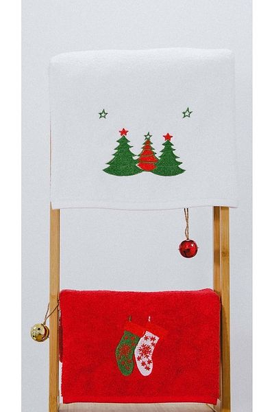 VEVİEN HOME Crăciun Fericit Anul Nou Bumbac Brodat 50x90 Set 2 Prosoape