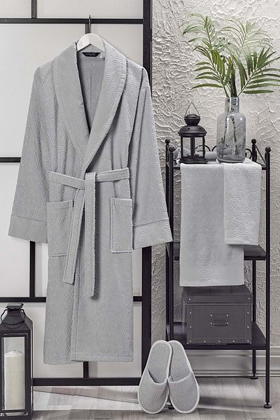 VEVİEN HOME Set halat de baie din catifea Jacquard 4 piese Gri deschis