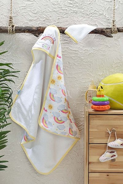 VEVİEN HOME Digital Printed Embroidered Baby Towel and Yellow Pouch