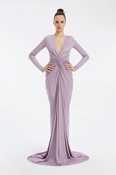 Elysion Collection Uzun Kollu Drapeli Taşlı Uzun Abiye Elbise