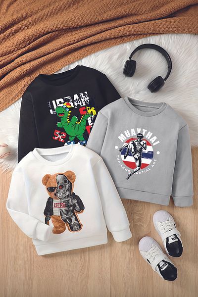 MYADA Set de 3 hanorace cu gât crew cu model Robot Bear și Urban Dino Police - 11080-11070-20063