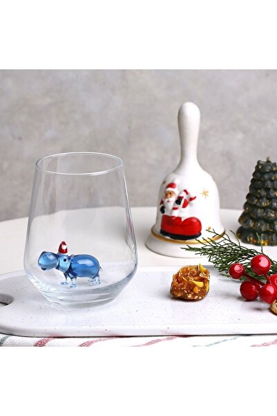 ADAMODART New Year's Themed Decorative Single Water Cup with Hippo Glass Figure - Blue
