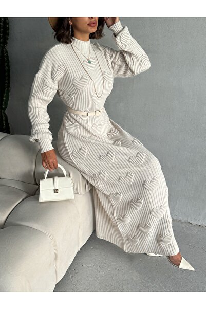 nosia fashion Kadın Kalpli Desenli Uzun Pamuklu Triko Elbise