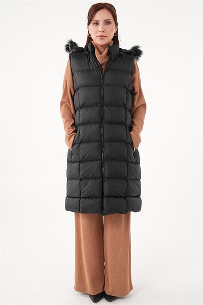 Nassah Black Midi Puffer Vest - Fur Collar 8125-01