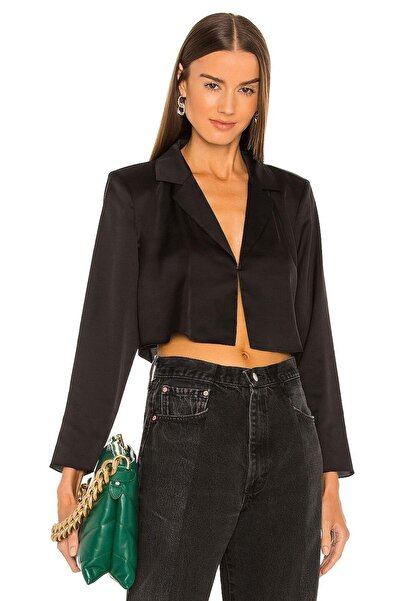 By Kul Design Kadın Siyah Saten Crop Boy Ceket