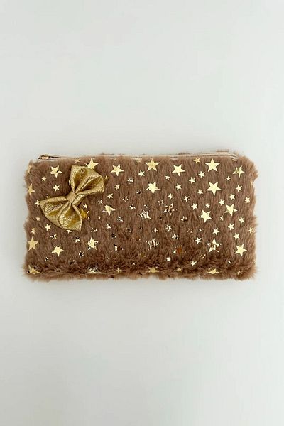 feinas Καφέ Λούτρινο Φιόγκος Clutch - 22X12CM