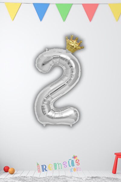 mypartyready 2 Yaş Doğum Günü Kral Taçlı Gümüş Renk Rakam Folyo Balon 2 Rakam...