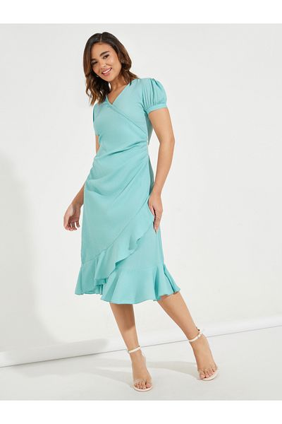 Styli Ruffled Mock Wrap Midi Dress with Puff Sleeve