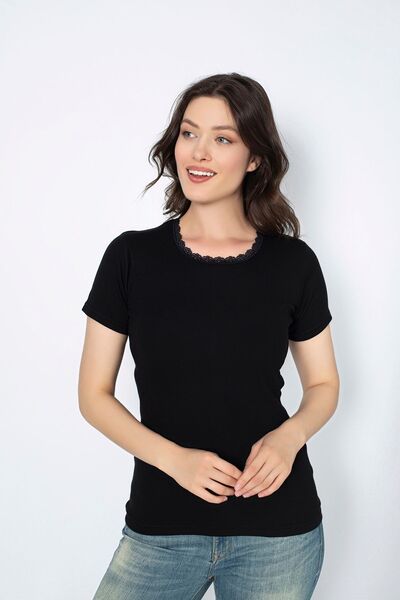 saac Black 100% Cotton Combed Cotton Ribbed Round Neck Lace Detailed Short Sleeve Women's Undershirt- 525