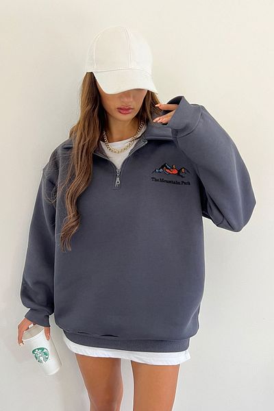 Sun Victoria Unisex Anthracite Polo Neck Oversize 3 Thread Raster Embroidered Sweatshirt
