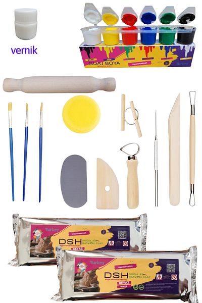 DSH Doğal Seramik Hamuru 8-Piece Ceramic Starter Set - 2 Pieces of 1 kg White Dough and Clay Mud