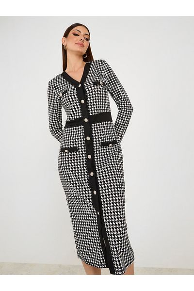 Styli Houndstooth Detail V Neck Bodycon Midi Dress