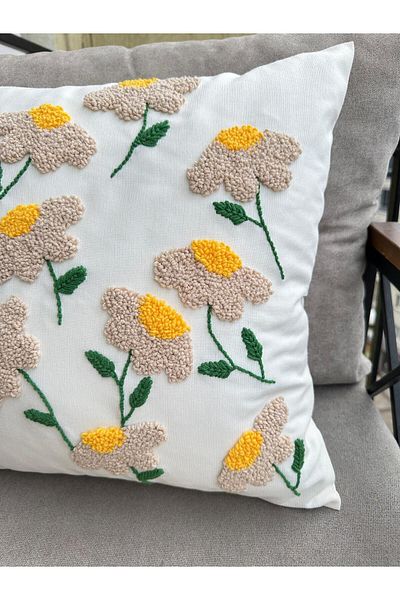 punchatolyem Punchhatolyesii Daisy Punch (PANCH) Handmade Throw Pillow Cover 100% Handmade Ecru Color