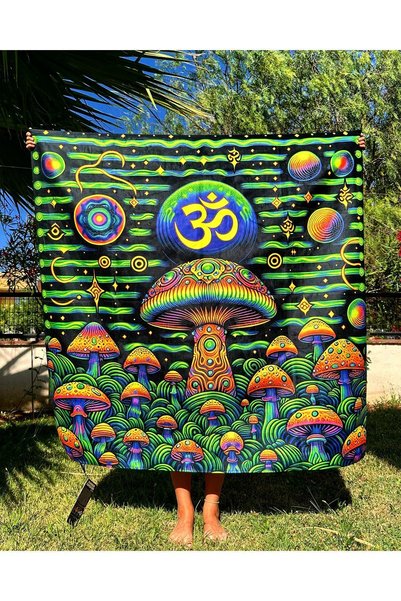 WANDER TAPESTRY Om Mantra and the World of Mushrooms / Glow Neon Wall Drape Uv Activated Tapestry with Blacklight