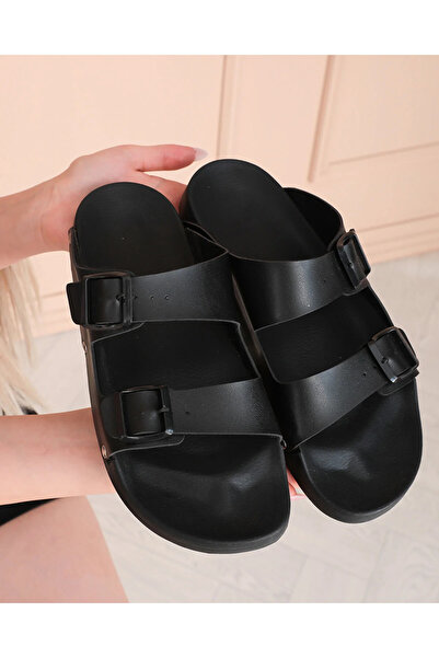 Women's Black Double Buckle Casual Slippers