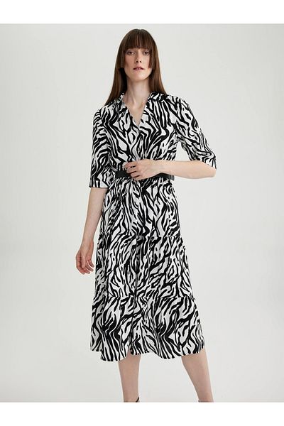 DeFacto Animal Print Collared Shirt Midi Dress