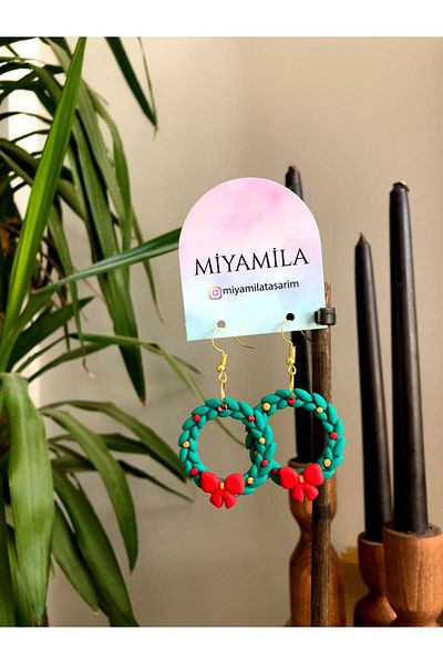 TREND Green Christmas New Year Earrings - Wreath with Bow