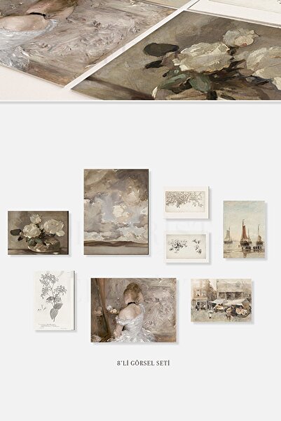 HOME DEKORİSTA Çerçevesiz Vintage 8'li Poster Seti, Manzara Resim, Çiçek Resim, Manzara Poster, Vintage Poster