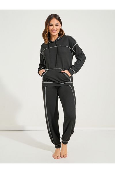 Styli Contrast Stitch Kangaroo Pocket Hoodie & Jogger Lounge Set