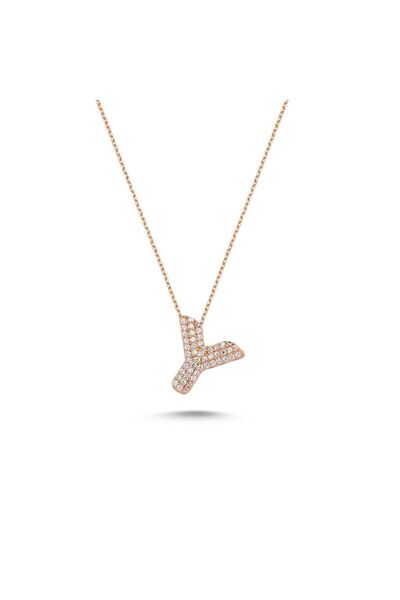 Bulvardi 925 Ayar Gümüş Pembe Altın Kaplama Taşlı Harfli Kolye - Y Harfi - St...