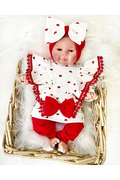 miniyou Baby Girl Heart Lace Frilly Bandana 3-Piece Newborn Bodysuit Set My-4016mc