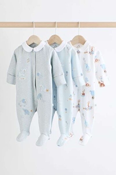 Next Baby Cotton Blue Baby Collar Elephant Patterned 3-Piece Sleepsuits Set