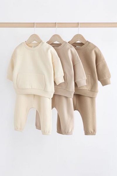 Next Baby Cotton Cream Brown Long Sleeve 3-Piece Top and Bottom Set