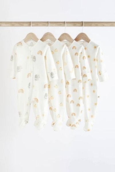 Next Baby White Rainbow and Elephant Baby 100% Cotton Sleepsuits 4 Pack (0-2yrs)
