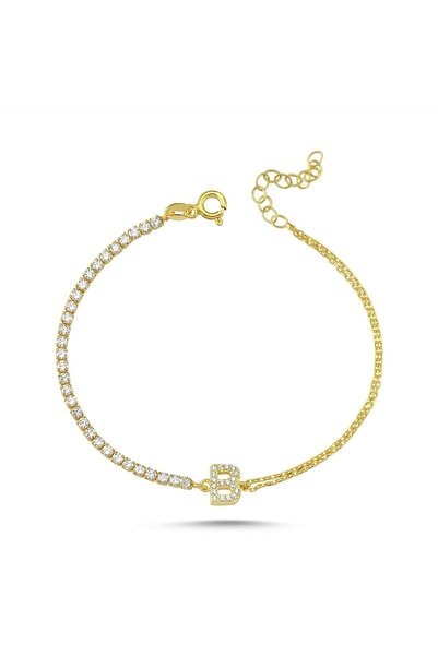 Bulvardi 925 Ayar Gümüş Suyolu Harfli Altın Kaplama Bileklik  B Harfi  Standa...