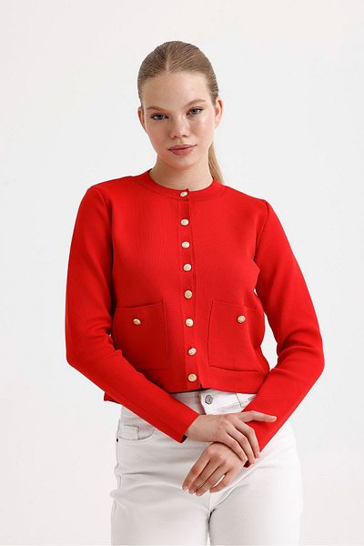fujya Women's Crew Neck Stylish Buttoned Double Pocket Red Knitwear Cardigan