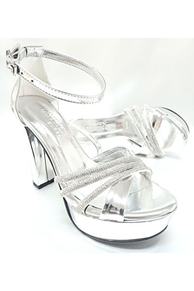 Göymen Kundura Gümüş Ayna Taşlı Çapraz Kadın Abiye Platform Ayakkabı