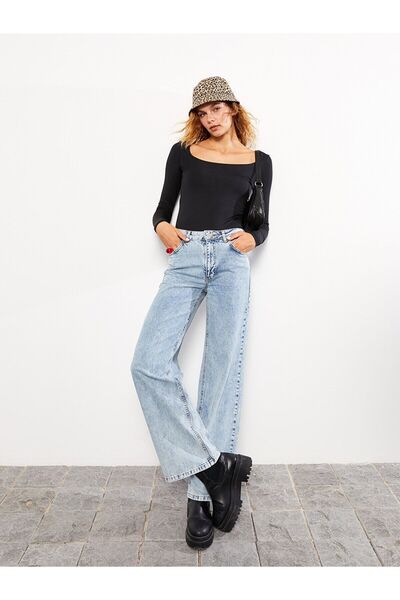 WODDİ Nelson Fex Lycra Γυναικείο μπλε ψηλόμεσο φαρδύ τζιν παντελόνι (νέα σεζόν)