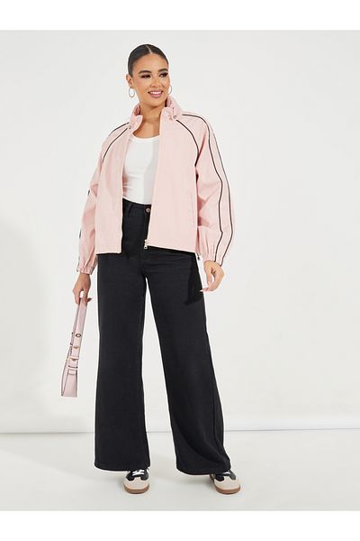 Styli Oversized Regular Length Bomber Jacket with Contrast Piping