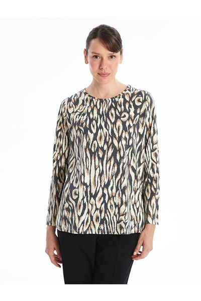 LC Waikiki Γυναικείο T-Shirt LCW Grace με Μπεζ Με τύπωμα και Στρογγυλή Λαιμόκοψη