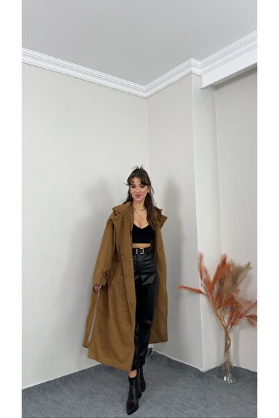 LUVESSE Kuşaklı Camel Renk Kaşmir Kaban