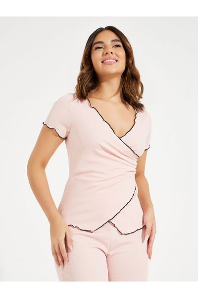 Styli Mono Contrast Edge Rib Wrap Over T-Shirt & Pyjama Set