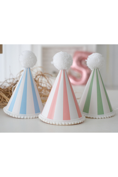 Partifabrik 3 قطع قبعة من الورق المقوى باللون الأصفر*الوردي*الأخضر - مع كرة صوف كبيرة