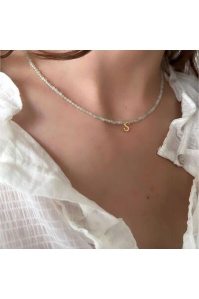 Serline Desing 925 Ayar Gold Rengi Ince Kuvars Doğaltaşlı Mini Harfli Gümüş K...