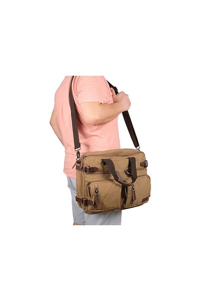 Bagacar Beige Colored School Backpack and Briefcase - Canvas Fabric