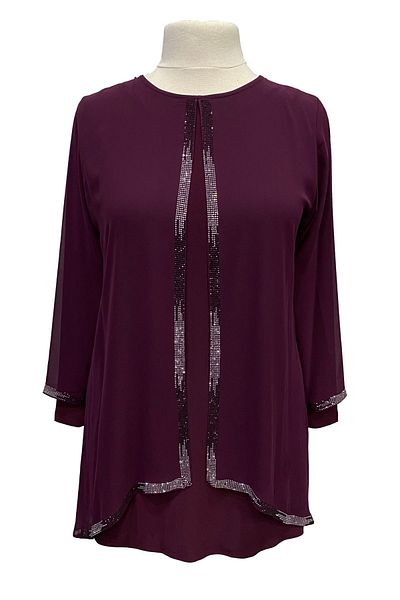 Giyinen Mağazaları Fuchsia Zülal Stylish Stone Embroidered Round Neck Mother's Evening Dress Tunic