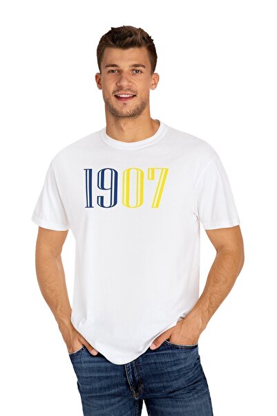 Sarı Lacivert 1907 Baskılı Pamuklu Beyaz Oversize Tişört
