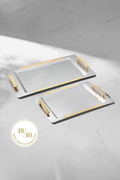 Nehir Sırma Set of 2 Gold Satin Steel Trays