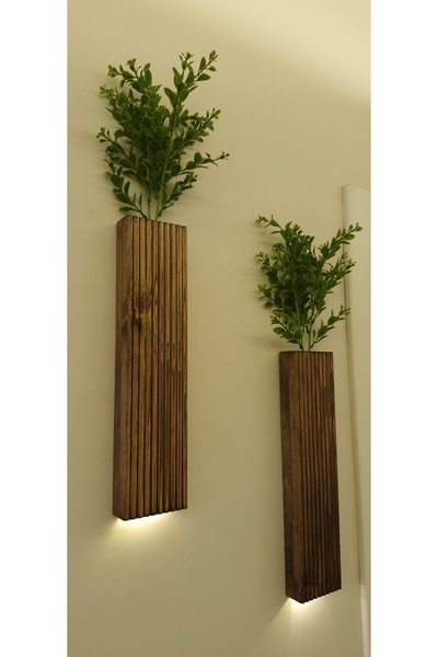 ViraHome 2 Li Lüks Peri Ledli Ahşap Çiçeklik Dekoratif Aydınlatma Balkon Deko...